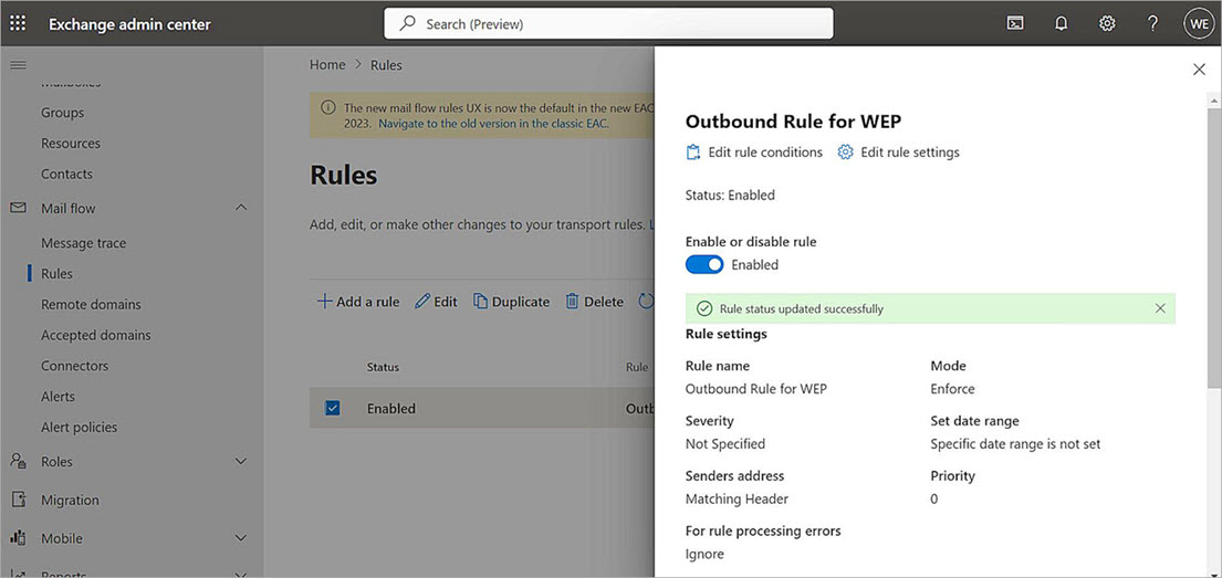 Screenshot of the Microsoft 365 configuration Rule settings dialog box